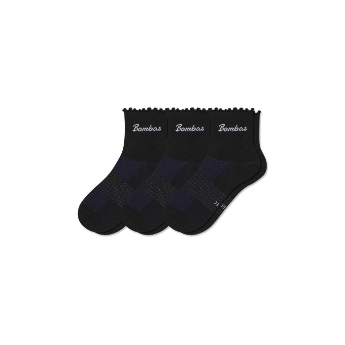 Bombas Women's UltraLite Ruffle Sport Quarter Socks 3-Pack, Lightweight Running Socks
