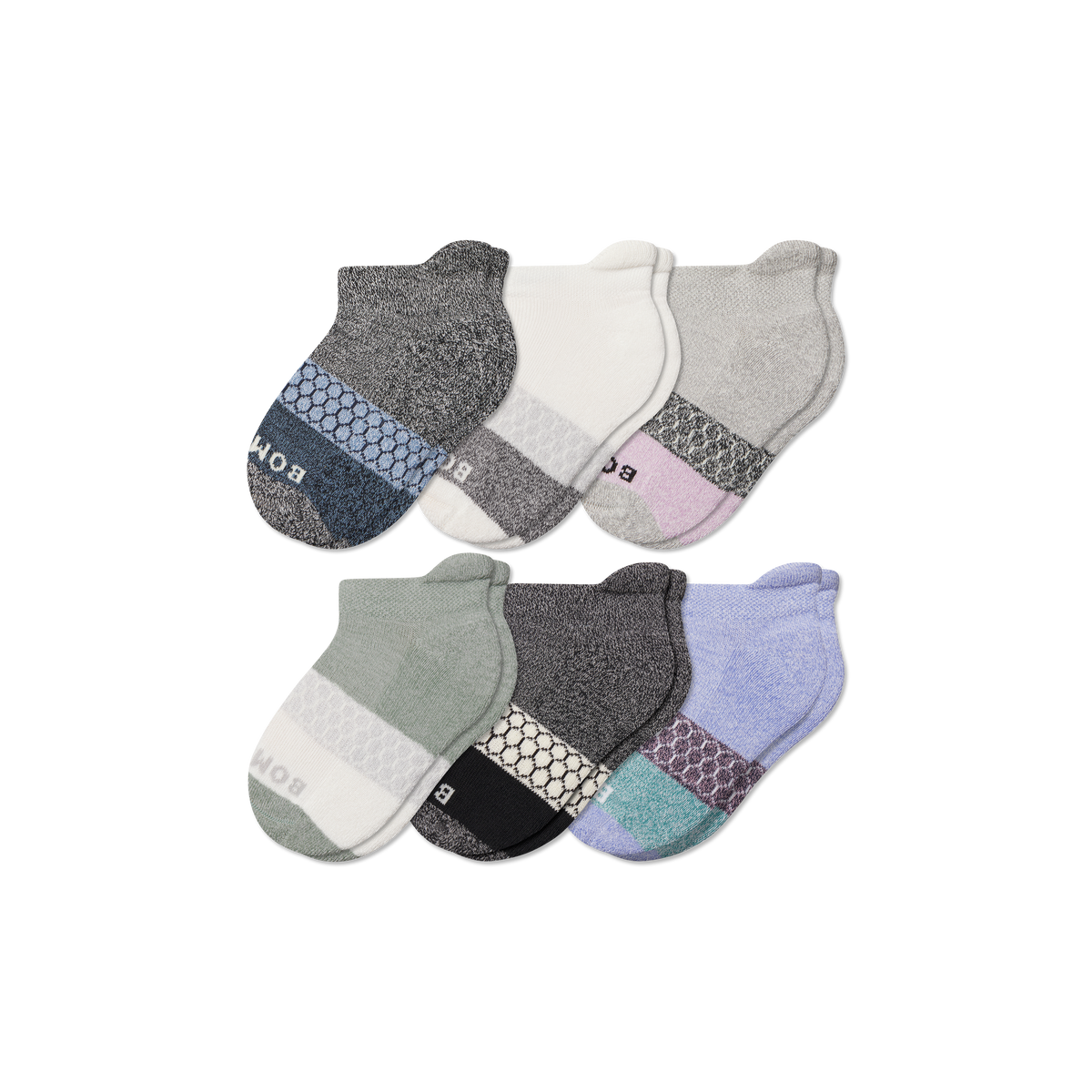 Bombas Junior Tri-Block Ankle Socks 6-Pack - Kids Seamless Toe Gripper Socks