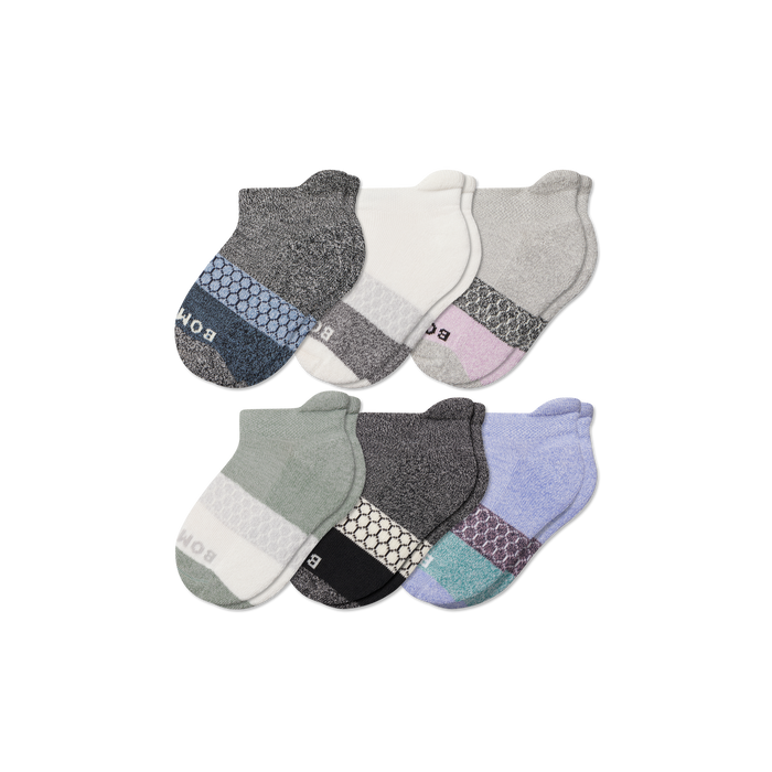 Bombas Junior Tri-Block Ankle Socks 6-Pack - Kids Seamless Toe Gripper Socks