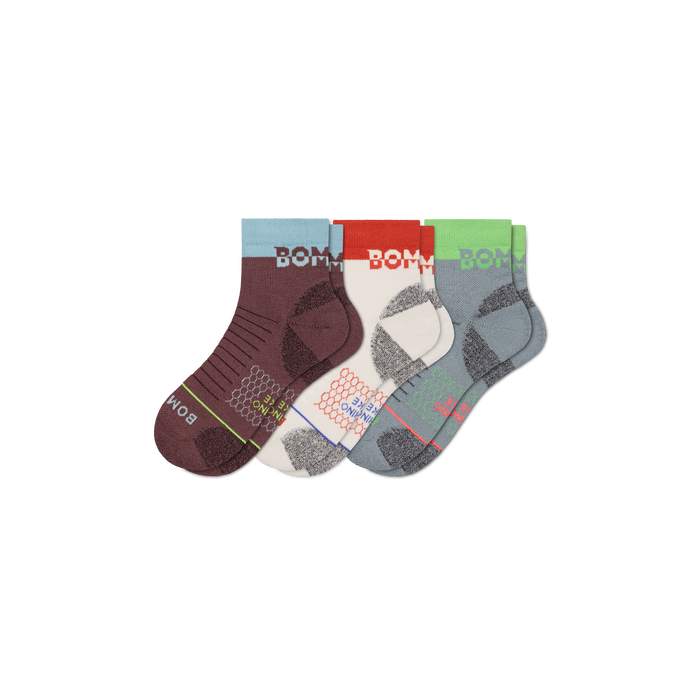 Bombas Women's Merino Wool Blend Hiking Quarter Socks 3-Pack, Cushioned Trail Socks