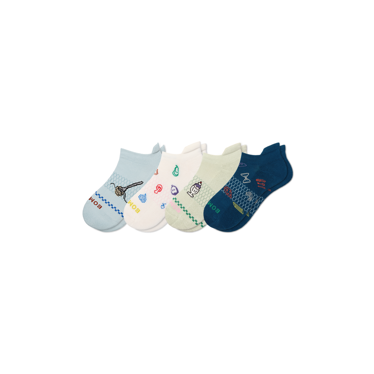 Bombas Youth Dinner Party Ankle Socks 4-Pack - Kids Seamless Toe Cotton Socks