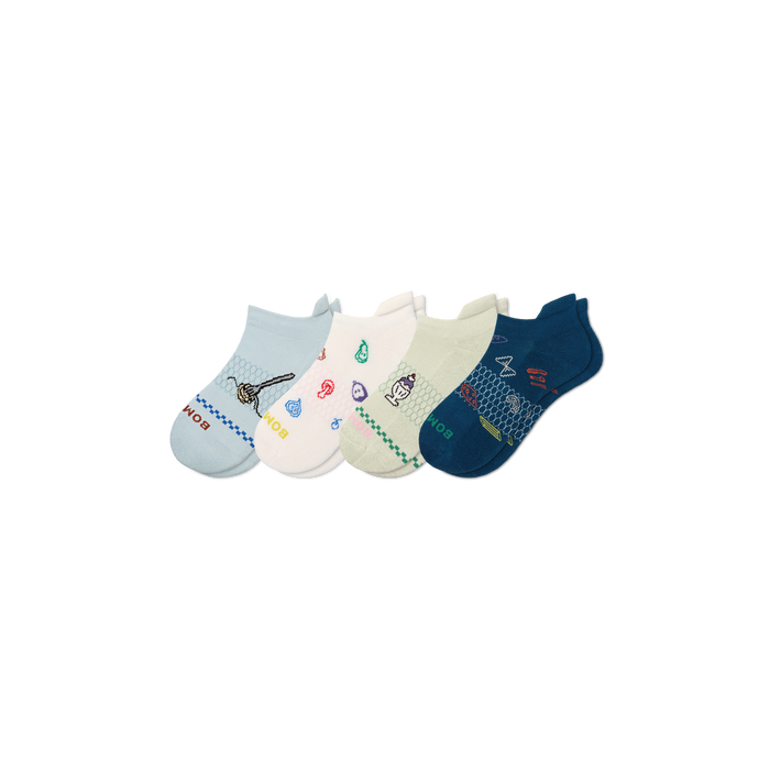 Bombas Youth Dinner Party Ankle Socks 4-Pack - Kids Seamless Toe Cotton Socks