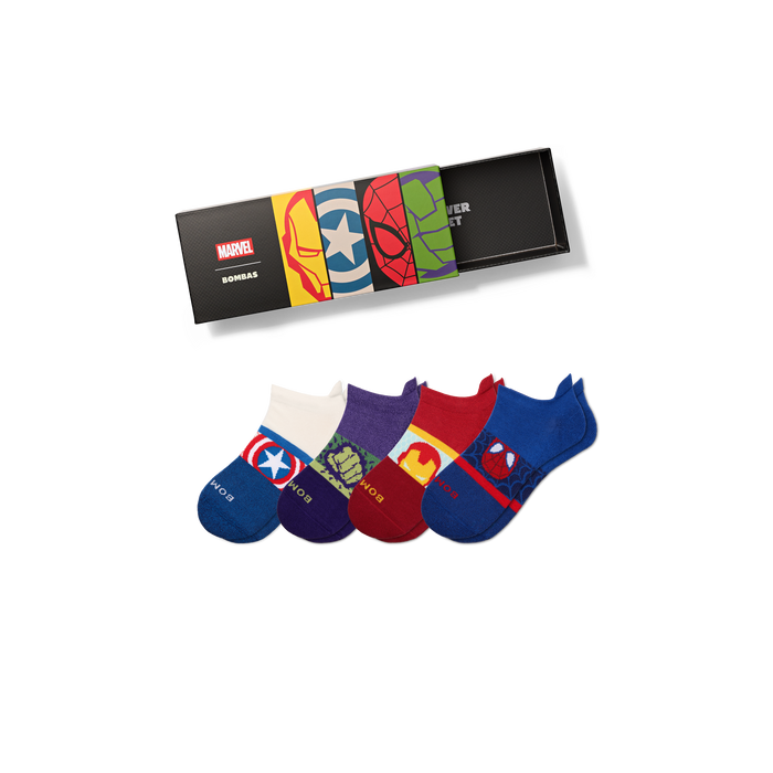 Marvel Bombas Youth Ankle Socks 4-Pack Gift Box - Captain America Iron Man Hulk Spider-Man
