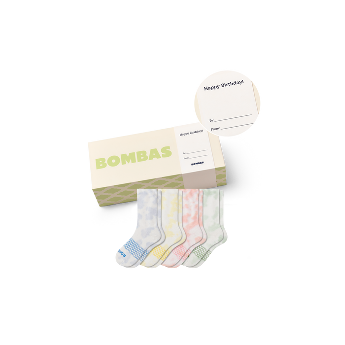 Bombas Youth Celebration Calf Socks 4-Pack Gift Box - Kids Tie-Dye Seamless Toe Socks