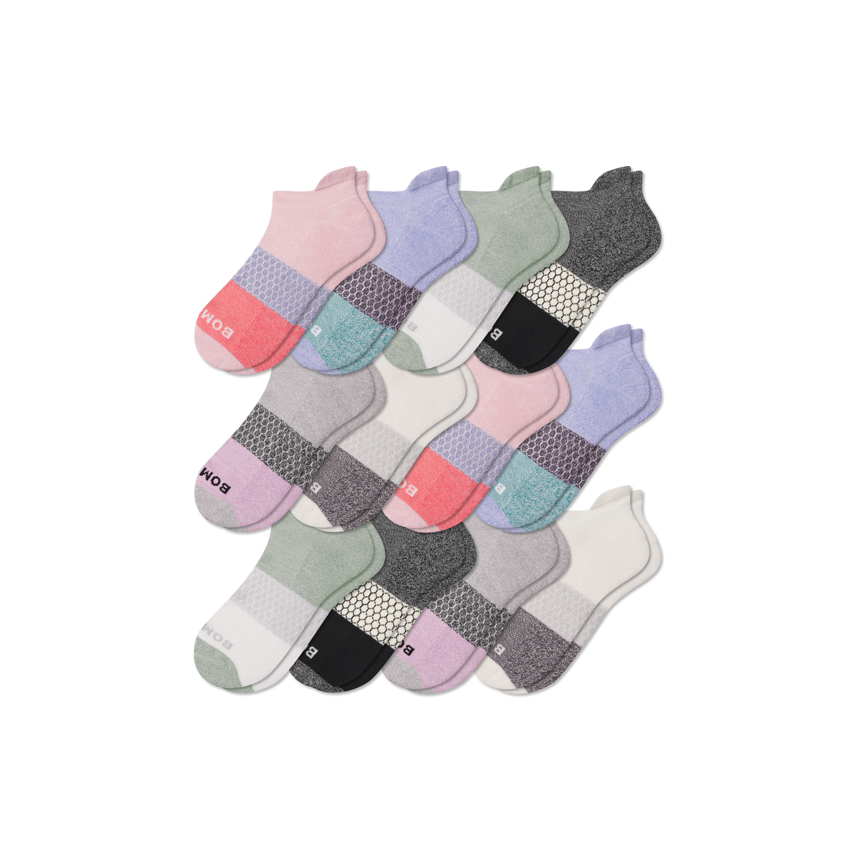 Bombas Women's Tri-Block Ankle Socks 12-Pack - Midweight Cushioned Socks