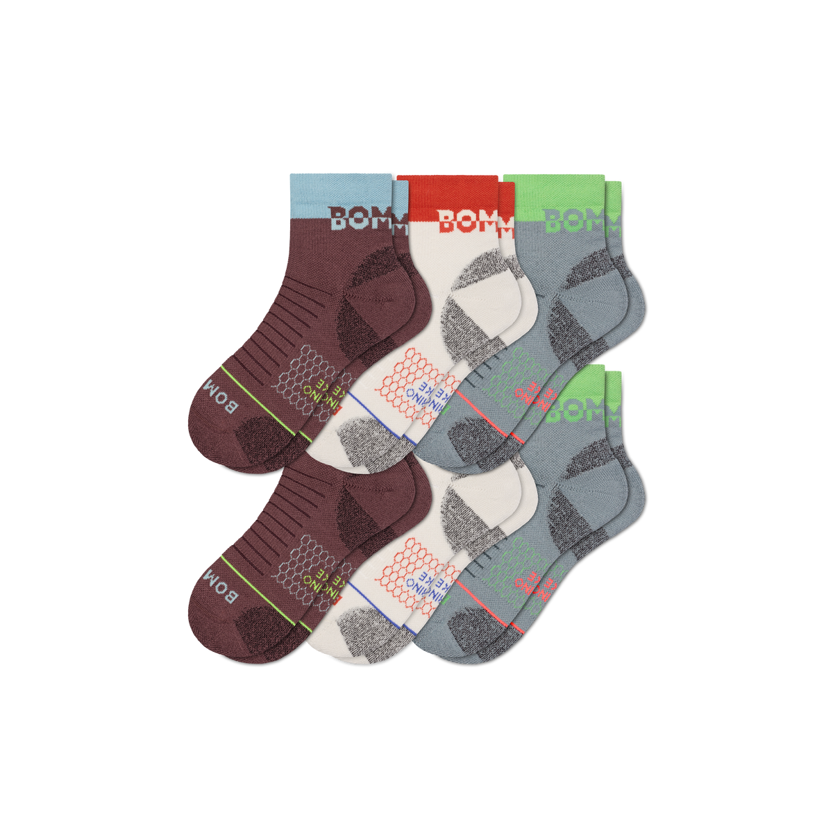 Bombas Women's Merino Wool Blend Hiking Quarter Socks 6-Pack, Cushioned Trail Socks
