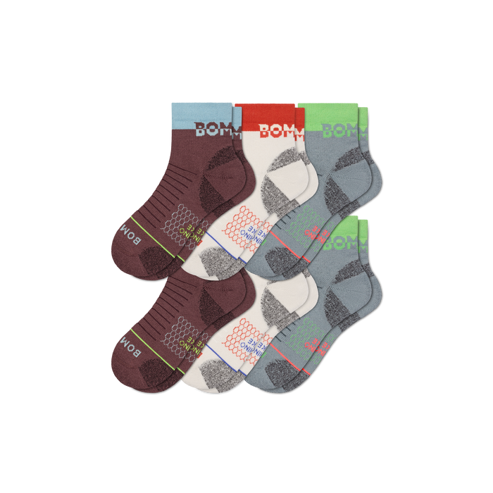 Bombas Women's Merino Wool Blend Hiking Quarter Socks 6-Pack, Cushioned Trail Socks